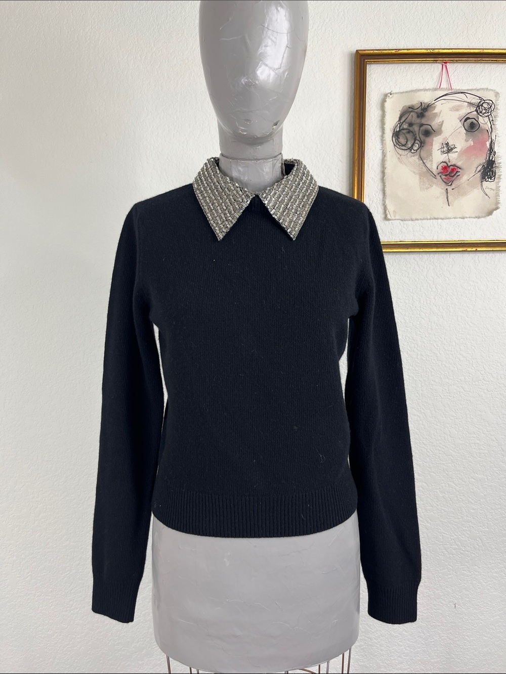 Valentino Garavani Beaded Rhinestone Point Collared Crop Wool Knit Sweater